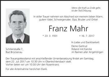 Anzeige von Franz Mahr von MGO