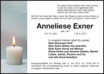 Anzeige von Anneliese Exner von MGO