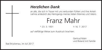 Anzeige von Franz Mahr von MGO