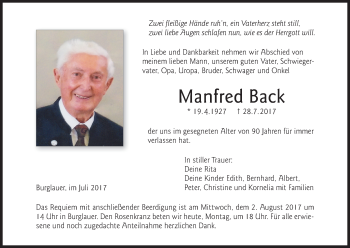 Anzeige von Manfred Back von MGO