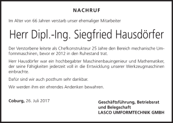 Anzeige von Siegfried Hausdörfer von MGO