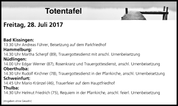 Anzeige von Totentafel vom 28.07.2017 von MGO