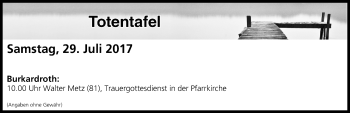 Anzeige von Totentafel vom 29.07.2017 von MGO
