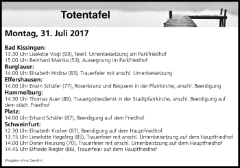 Anzeige von Totentafel vom 31.07.2017 von MGO