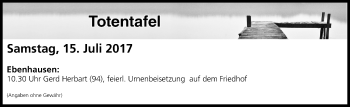 Anzeige von Totentafel vom 15.07.2017 von MGO