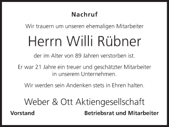 Anzeige von Willi Rübner von MGO