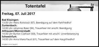 Anzeige von Totentafel vom 07.07.2017 von MGO