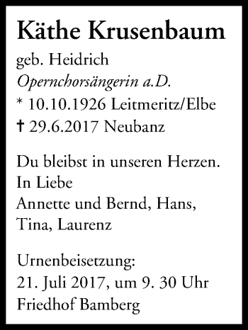 Anzeige von Käthe Krusenbaum von MGO