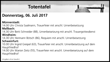Anzeige von Totentafel vom 06.07.2017 von MGO