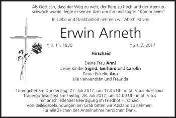 Anzeige von Erwin Arneth von MGO