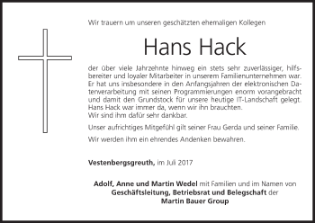 Anzeige von Hans Hack von MGO
