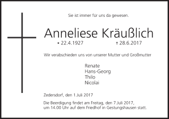 Anzeige von Anneliese Kräußlich von MGO