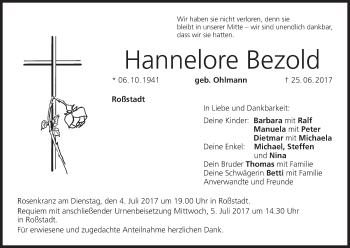 Anzeige von Hannelore Bezold von MGO