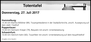 Anzeige von Totentafel vom 27.07.2017 von MGO