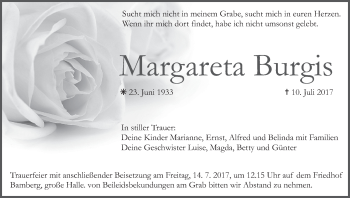 Anzeige von Margareta Burgis von MGO