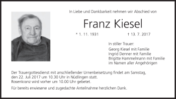 Anzeige von Franz Kiesel von MGO