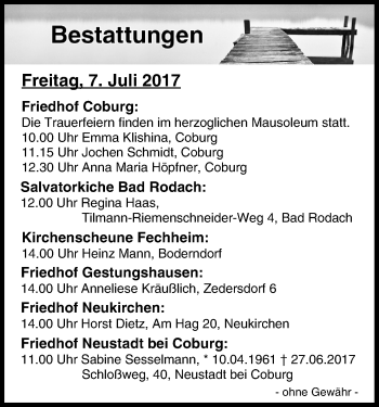 Anzeige von Bestattungen vom 07.07.2017 von MGO