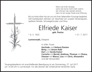Anzeige von Elfriede Kaiser von MGO