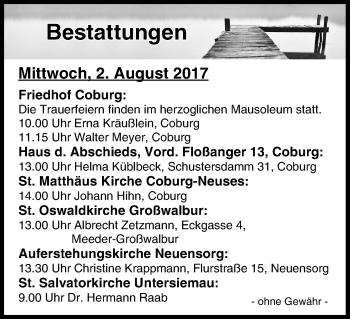 Anzeige von Bestattungen vom 02.08.2017 von MGO