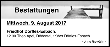 Anzeige von Bestattungen vom 09.08.2017 von MGO