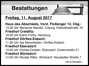 Anzeige von Bestattungen vom 11.08.2017 von MGO