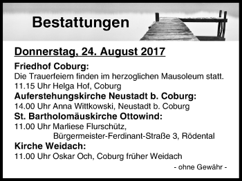 Anzeige von Bestattungen vom 24.08.2017 von MGO