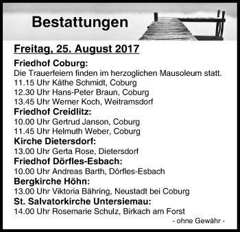 Anzeige von Bestattungen vom 25.08.2017 von MGO