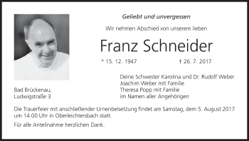 Anzeige von Franz Schneider von MGO
