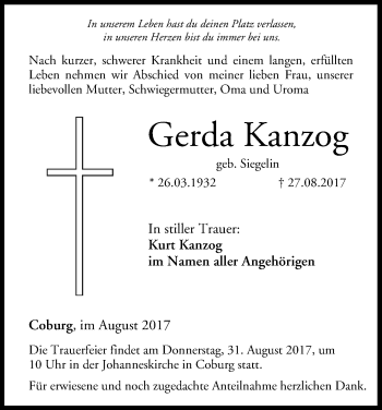 Anzeige von Gerda Kanzog von MGO