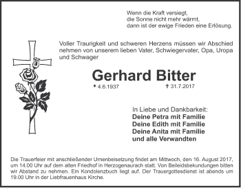 Anzeige von Gerhard Bitter von MGO