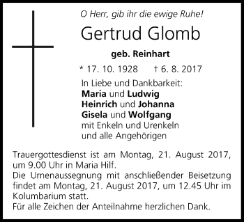 Anzeige von Gertrud Glomb von MGO