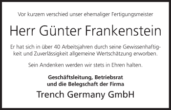 Anzeige von Günter Frankenstein von MGO