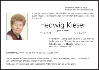 Anzeige von Hedwig Kieser von MGO