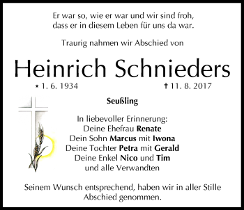 Anzeige von Heinrich Schnieders von MGO