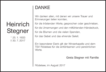 Anzeige von Heinrich Stegner von MGO