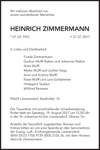Anzeige von Heinrich Zimmermann von MGO
