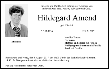 Anzeige von Hildegard Amend von MGO