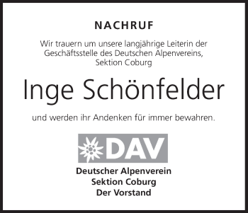 Anzeige von Inge Schönfelder von MGO