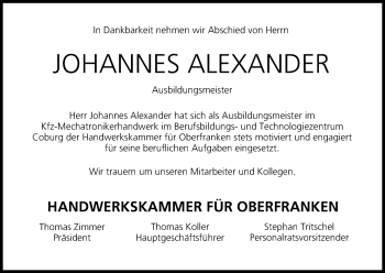 Anzeige von Johannes Alexander von MGO