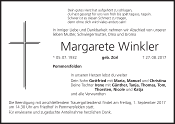 Anzeige von Margarete Winkler von MGO
