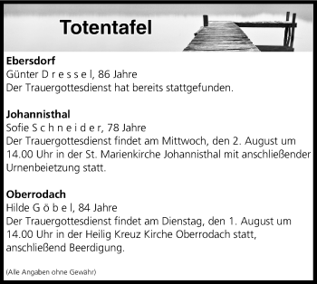Anzeige von Totentafel vom 01.08.2017 von MGO