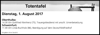 Anzeige von Totentafel vom 01.08.2017 von MGO