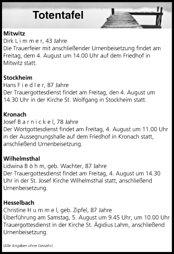 Anzeige von Totentafel vom 04.08.2017 von MGO