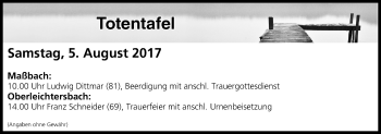 Anzeige von Totentafel vom 05.08.2017 von MGO