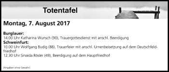 Anzeige von Totentafel vom 07.08.2017 von MGO