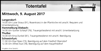 Anzeige von Totentafel vom 09.08.2017 von MGO