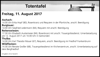 Anzeige von Totentafel vom 11.08.2017 von MGO