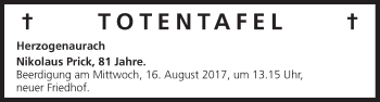 Anzeige von Totentafel vom 12.08.2017 von MGO