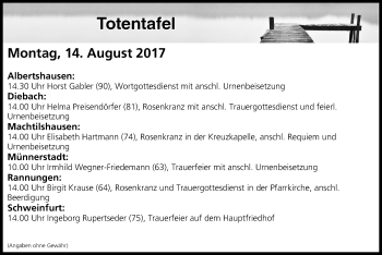 Anzeige von Totentafel vom 14.08.2017 von MGO