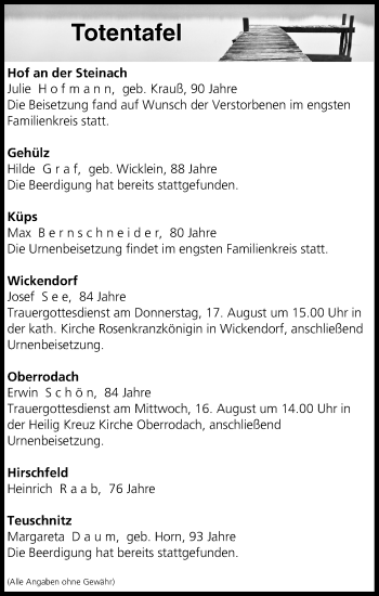 Anzeige von Totentafel vom 15.08.2017 von MGO